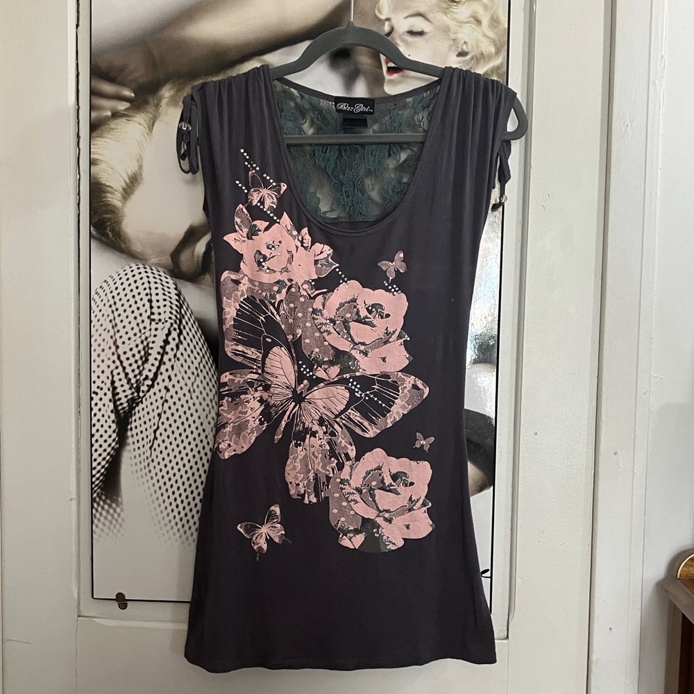 Black Top with Pink Floral and Butterfly Design small